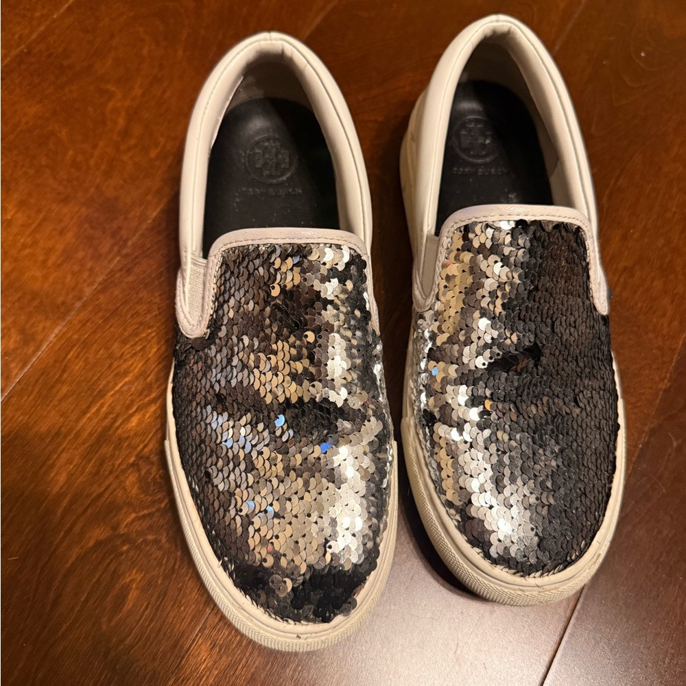 Tory Burch Silver Sequin Slip-On Shoes